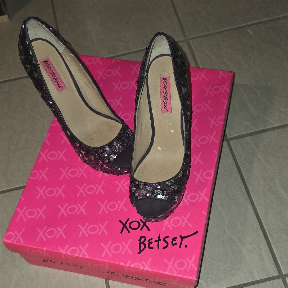 Betsey Johnson Glittering Black Silver And Purple Sequin Peep Toe Heels